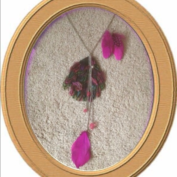 Long Beaded Feather Necklace w/Matching Earrings