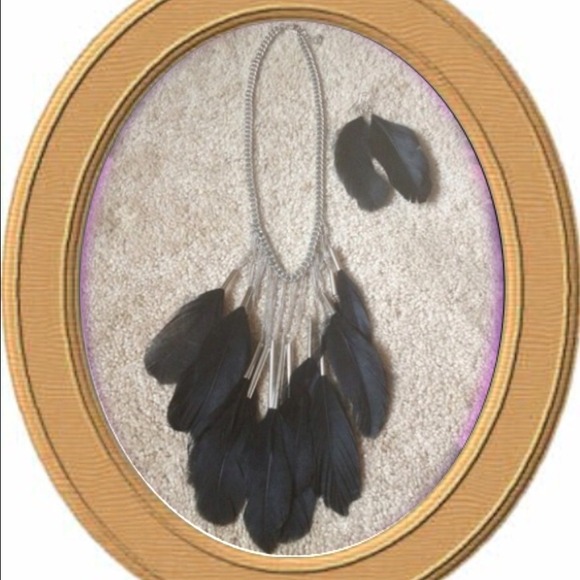Black/Silver Feather Necklace w/Matching Earrings