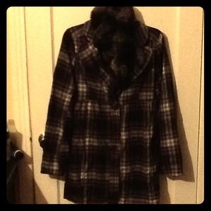 Coat. Jacket. Black and grey plaid.