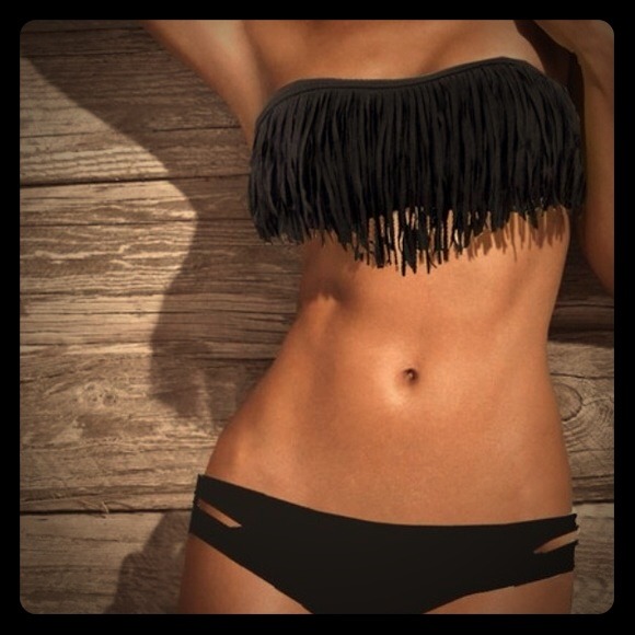 Black Strapless Fringe Bikini