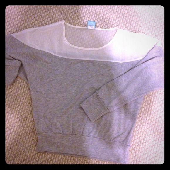 Grey long sleeve shirt with cream sheer top
