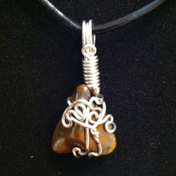 Silver wire and red tiger eye gemstone pendant