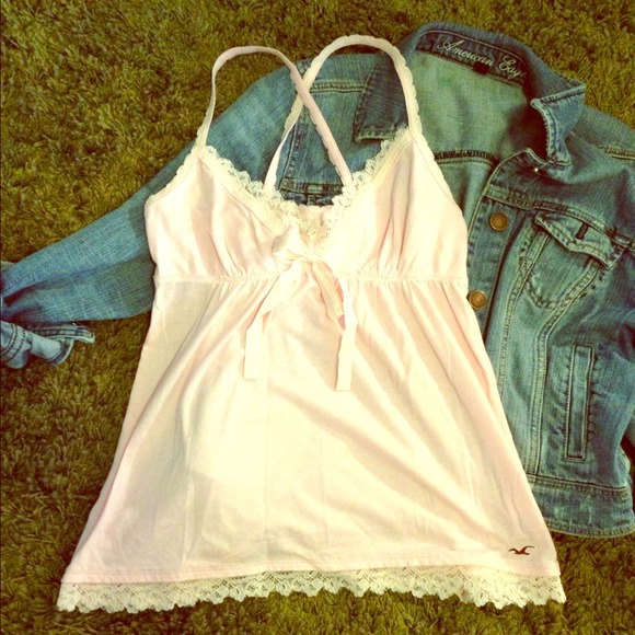 Pink Hollister spaghetti strap lace tank with bow