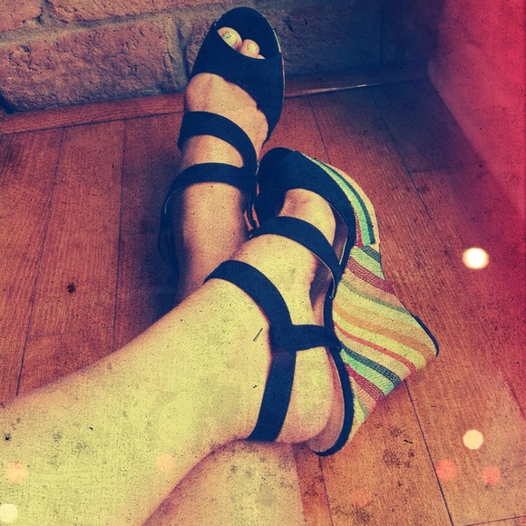 Shoes - Black + Rainbow Espadrille Wedges