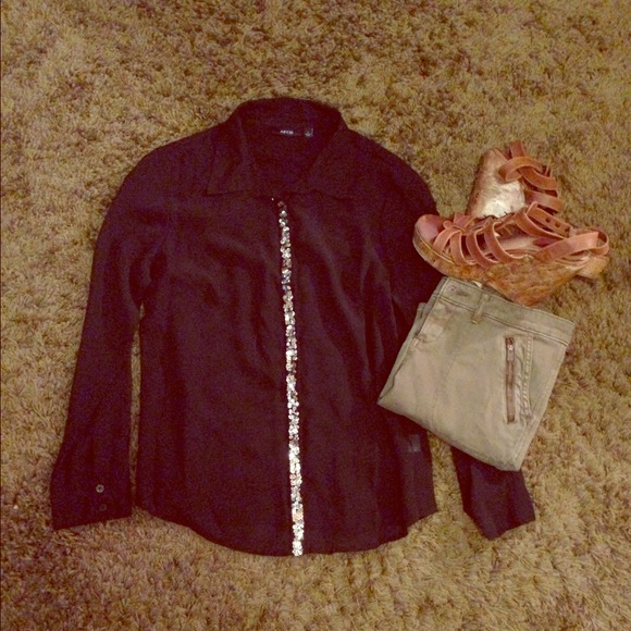 Black sheer button up top with gold sequins strip.