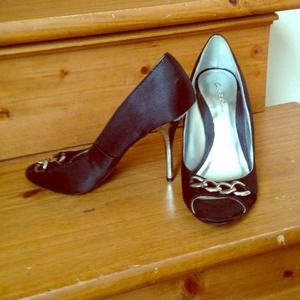Black satin peep toe heels
