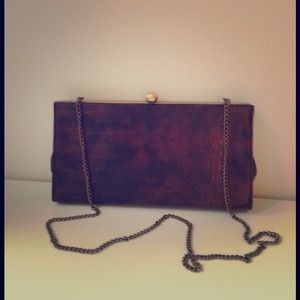 Brown faux snakeskin clutch w/removable chainstrap