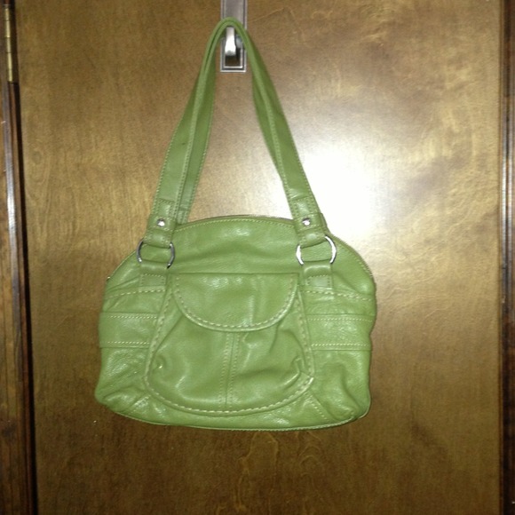 Green Leather Bag & 2 Pink Crochet Bib Necklaces