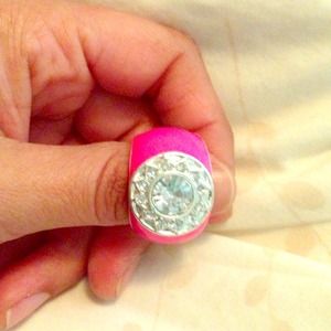 Neon pink ring with rhinestones. Statement piece.