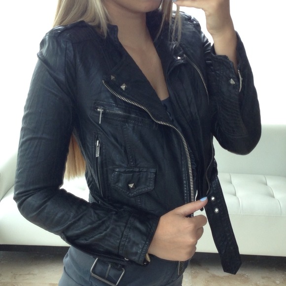 Esley Jackets & Blazers - Black Vegan Leather Moto Jacket with Studs