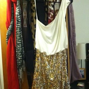 One shoulder silk beige and sparkle bottom