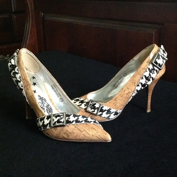 Naughty Monkey Shoes - Naughty Monkey Cork & Houndstooth Buckle Heels