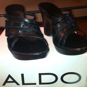 ALDO Black Leather Wedge Sandals