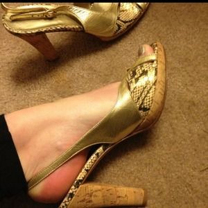 Gold Italian leather, cork and snake print heels