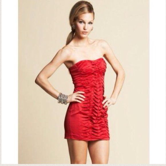 bebe Red "Pixie" Strapless Pintucked Dress