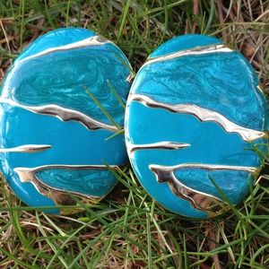 Blue Earrings w Gold Zebra Pattern