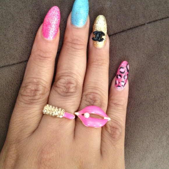 Double hotpink lip and lipstick ring Gold plated