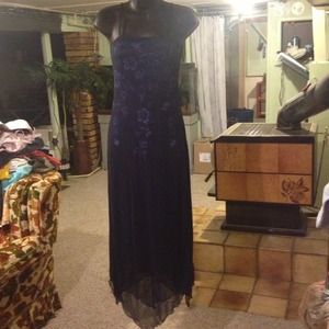 Dark blue floral formal dress beading. Mid length.