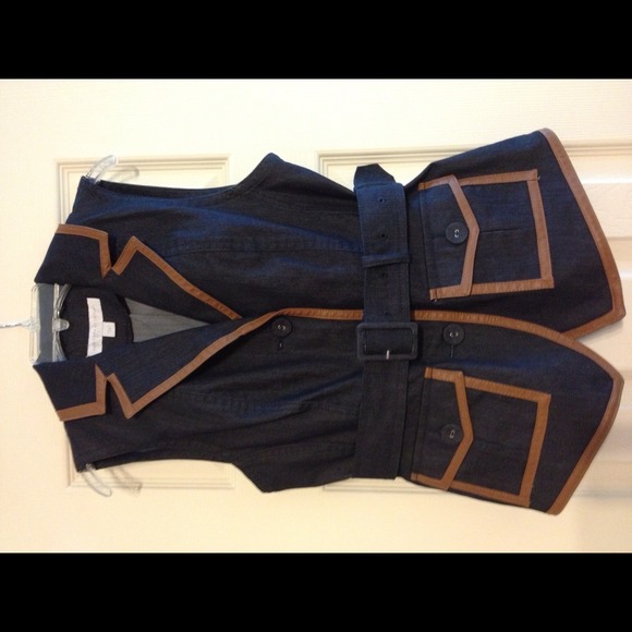 Denim, leather trimmed vest