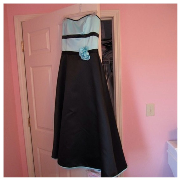 Turquoise and black tea length strapless dress - Picture 1 of 3