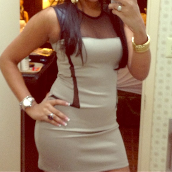 Beige , Black leather Dress❤