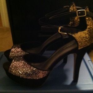 New, never worn silver-gold sparkly heels!