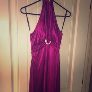 Magenta 3/4 length halter cocktail dress