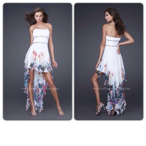 It's a print chiffon high low dress by La Femme - Picture 2 of 2