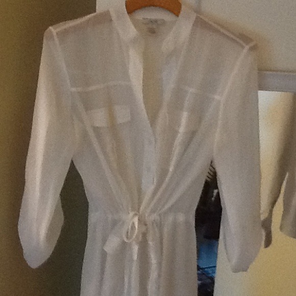 White sheer tunic with belted cinched waist
