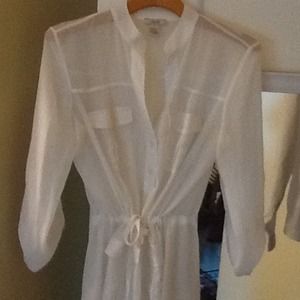 White sheer tunic with belted cinched waist