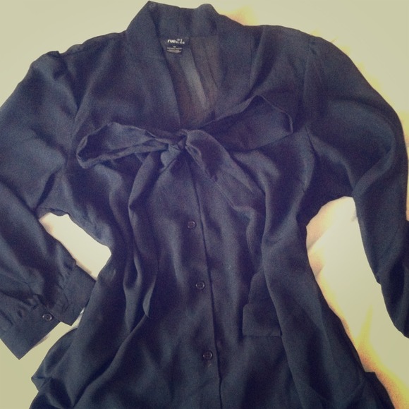 Sheer black button down with bow collar