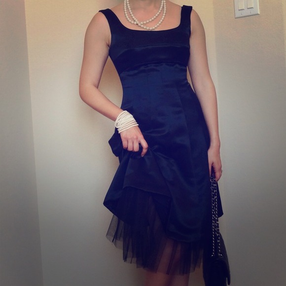 BCBGMaxAzria Dresses & Skirts - BCBG black satin dress with tulle LBD