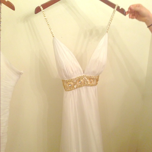 Beautiful white silk dress with gold beading