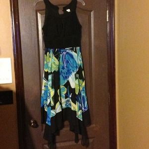 sangria dress w/ blue, green, and yellow flowers