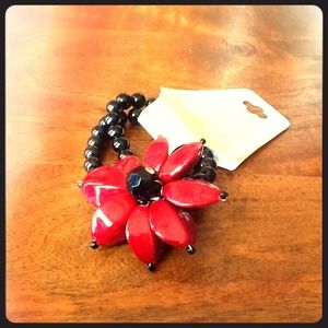 Double Black Bead Bracelet with Red Flower