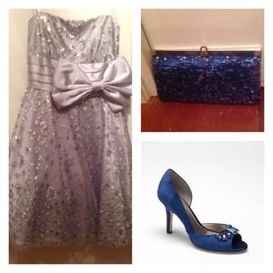 Silver dress -!shown with blue accessories. Clutch and shoes sold.