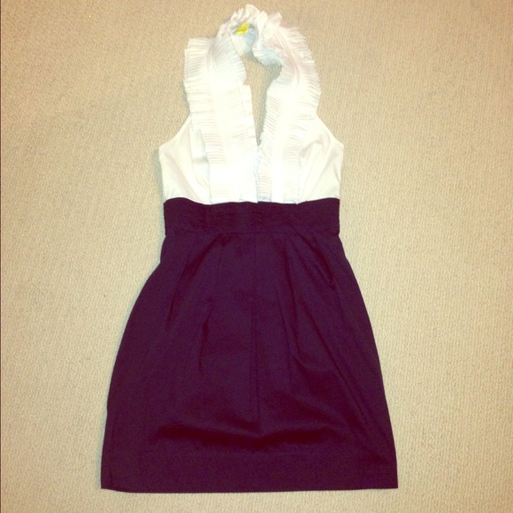 White and navy halter dress