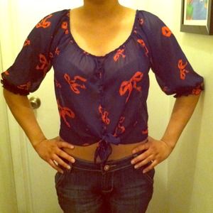 Julie's closet navy blue shirt w/ red orange bows