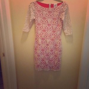 Coral dress with lace overlay