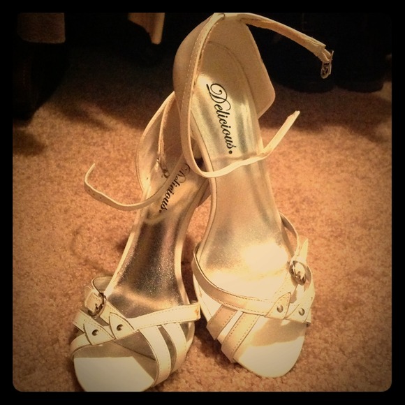 White ankle strap heels