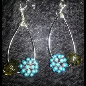 Turquoise blue handmade wire earrings
