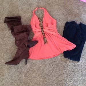 Coral Halter Top with Detachable Beaded Necklace