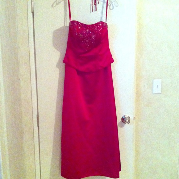 Two piece deep red dress.