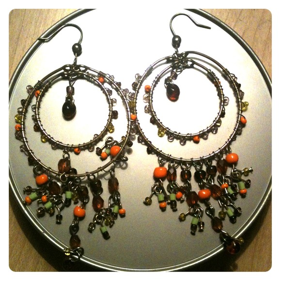Brown orange neon green dangling earrings
