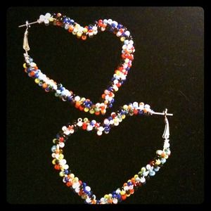 Colorful beaded heart shaped hoops