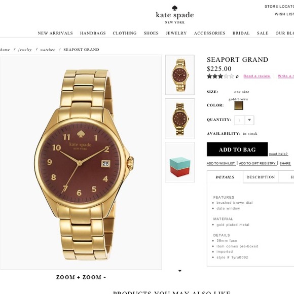 Kate Spade Gold & Brown "Seaport Grand" Watch - Picture 2 of 4