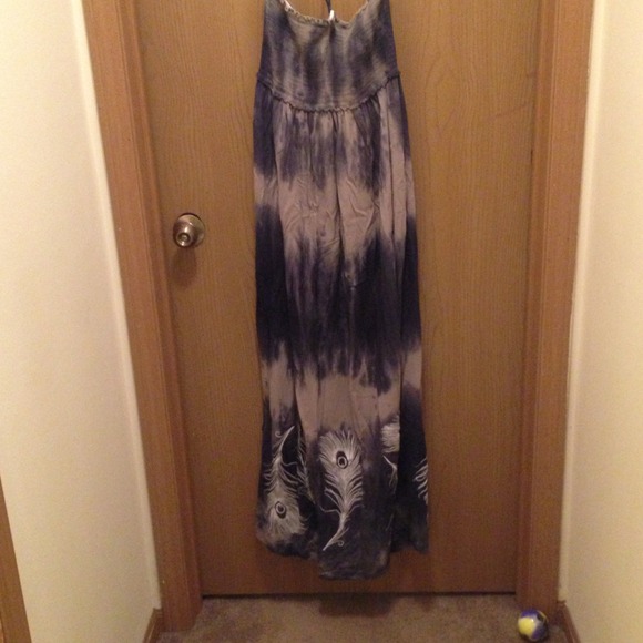 Grey maxi dress w/ stitched white peacock feathers