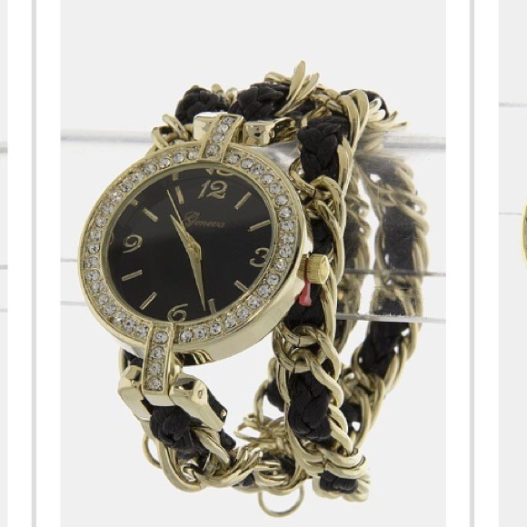 Jewelry - Gold/Black Chain and leather wrap bracelet