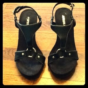 Sold Aerosoles Black Leather Wedge Sandals