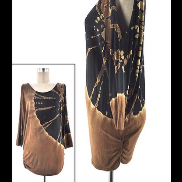 3X Open Shoulder Brown Tie Dye Tunic